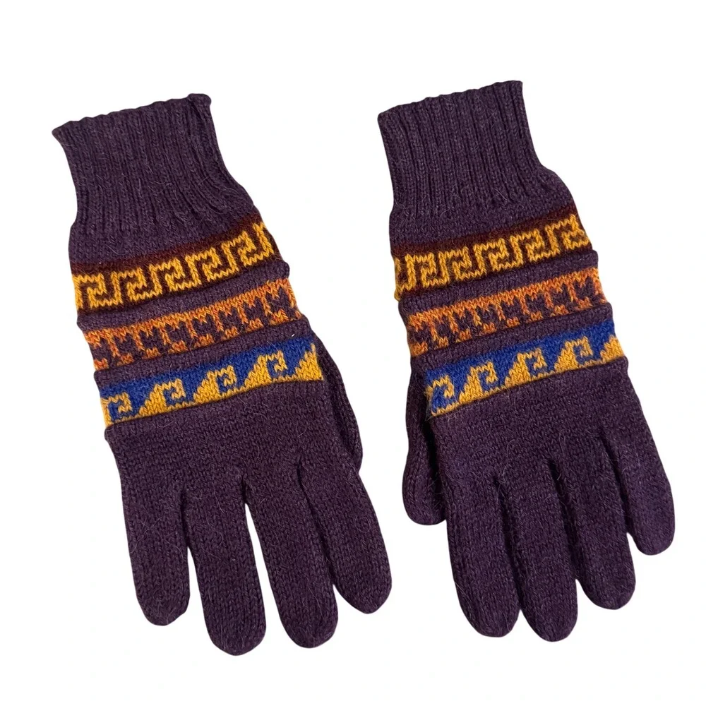 Vtg Alpaca Blend Fair‎ Isle Knit Gloves Purple Boho Cottagecore Winter Southwest